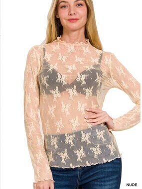ZENANA NUDE LACE LAYERING TOP LONG SLEEVE